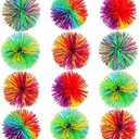 Leinuosen 12 Pieces Stringy Balls Sensory Stringy Ball Soft Rainbow Pom Bouncy Stress Bags Stuffers Party Favors Birthday Gifts, Multicolor (2.75 Inch)