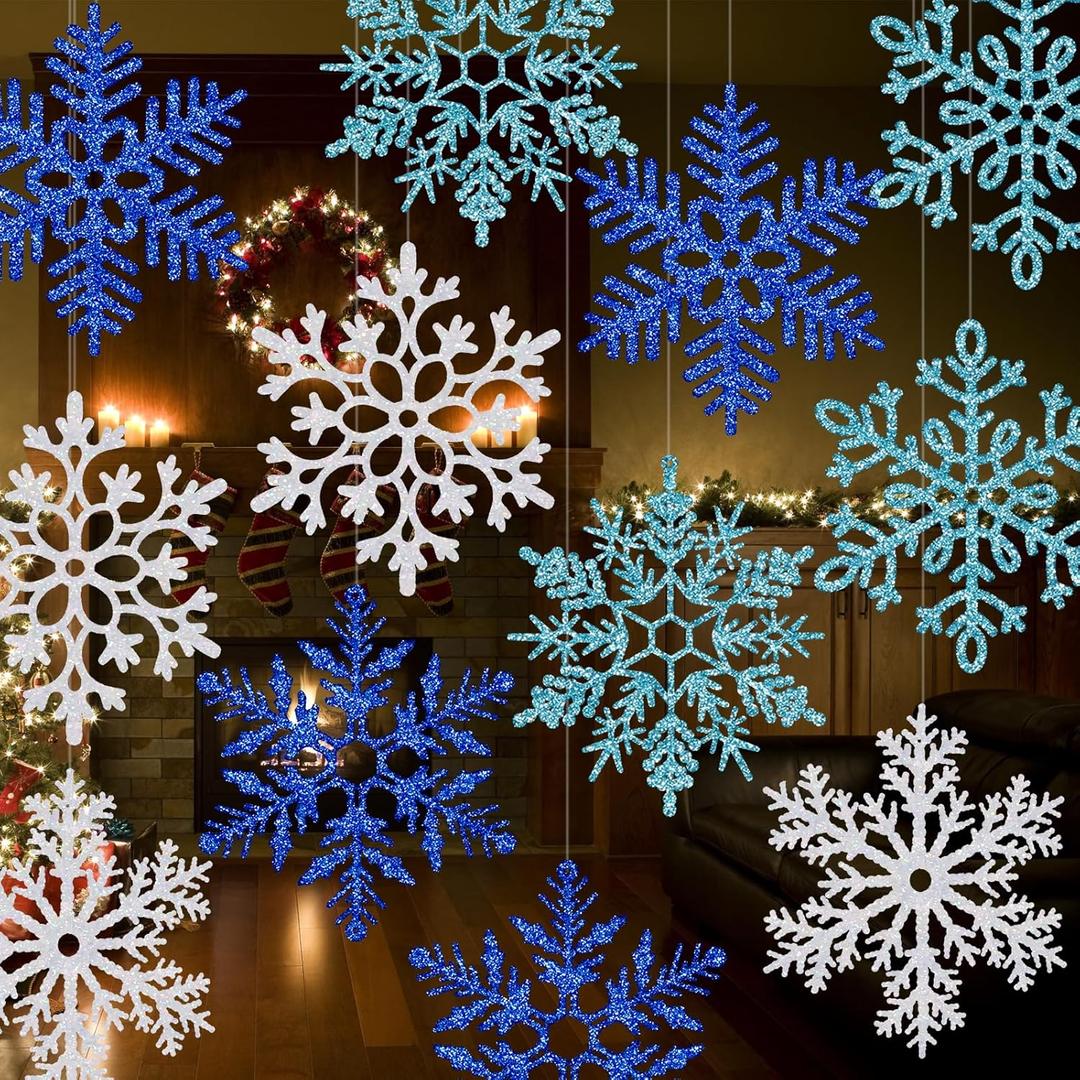 12 Pcs 15.8'' Large Snowflake Decorations  Giant Hanging Snowflakes, Plastic Snowflakes for Indoor & Outdoor Christmas Decor, Porch & Tree Decorations (White, Blue, Dark Blue)