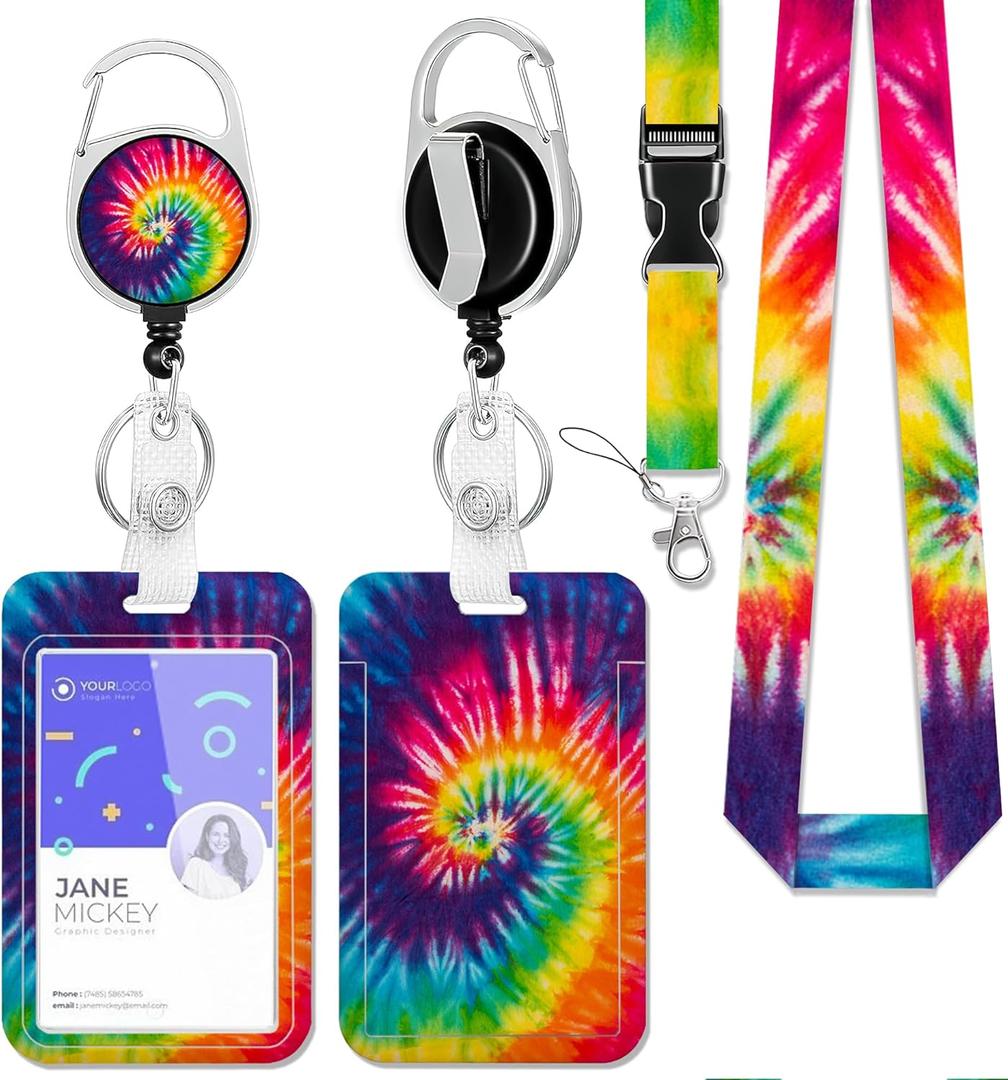 Rainbow Tie Dye Retractable Badge Holders with Lanyard,Retro Swirl Id Card Holder Keychain Vertical ID Protector Clips,Funny Name Tags Clips with Heavy Duty Badge Reel for Women Men