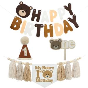 Bear 1st Theme First High Chair Banner For 1st Birthday Party Decorations With One Cake Topper (White Beige Khaki)