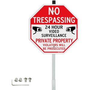 T&R No Trespassing Private Property Sign Video Surveillance Sign with 36" Stake for Outside,12"x12" .040 Rust Free Heavy Aluminum, Reflective,Includes Matching Screws & Wrench, Easy to Mount