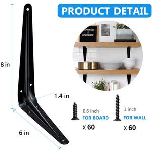 4 Pack Shelf Brackets 8 x 6 Inch, Heavy Duty Black Metal Floating Shelf Bracket, L Bracket Corner Brace Support J Bracket, Decorative Joint Angle Bracket for Hanging