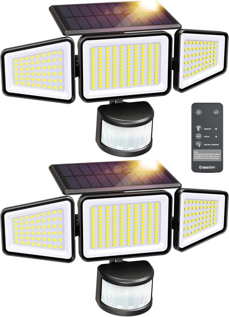 Ensenior Solar Motion Lights Outdoor, 228 LED 3000LM High Brightness Security Lights with Remote Control, IP65 Waterproof 3 Heads Flood Light 4 Modes, 270 Wide Angle Motion Sensor Light, 2 Packs