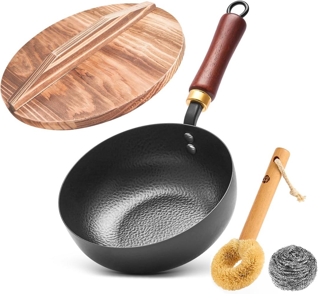 WANGYUANJI 8 Inch Hammered Iron Stir Fry Pan for 12 Servings, Removable Beechwood Handle, Traditional Small Wok for Searing, Sauting, Stir-Frying  Non-Coated, Stovetop Compatible