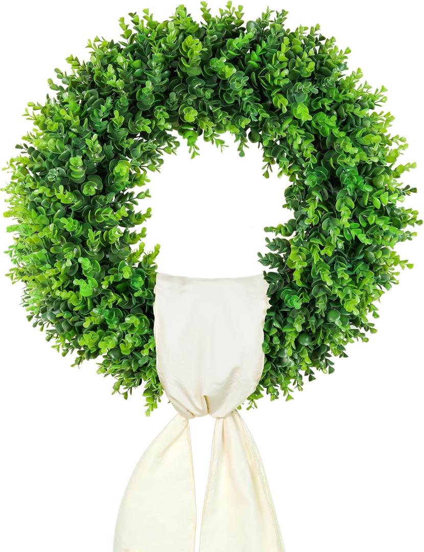 DDHS 20'' Boxwood Wreaths Front Door Artificial Spring Wreath. Wreaths for Front Door Farmhouse Wedding Green Year Round Indoor Outdoor for Summer Wreath St Patricks Day Decorations -(Hello Sign)