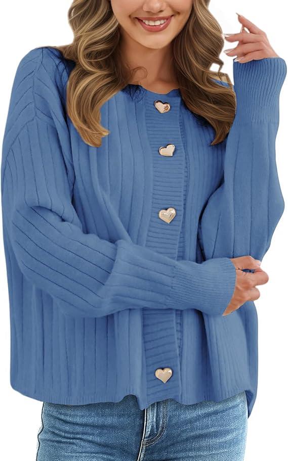 CiCiBird Women's Long Sleeve Metal Button Cardigan Sweater Ribbed Crew Neck Knit Jacket 2025 Fall Casual Coats Size S