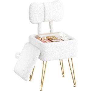 Small Vanity Chair with Storage and Folding Back, 14.2" D x 12.6" W x 28.3" H Soft Storage Ottoman, Footrest Stool, Teddy Fleece Vanity Stool for Makeup, Bedroom, Living Room, White
