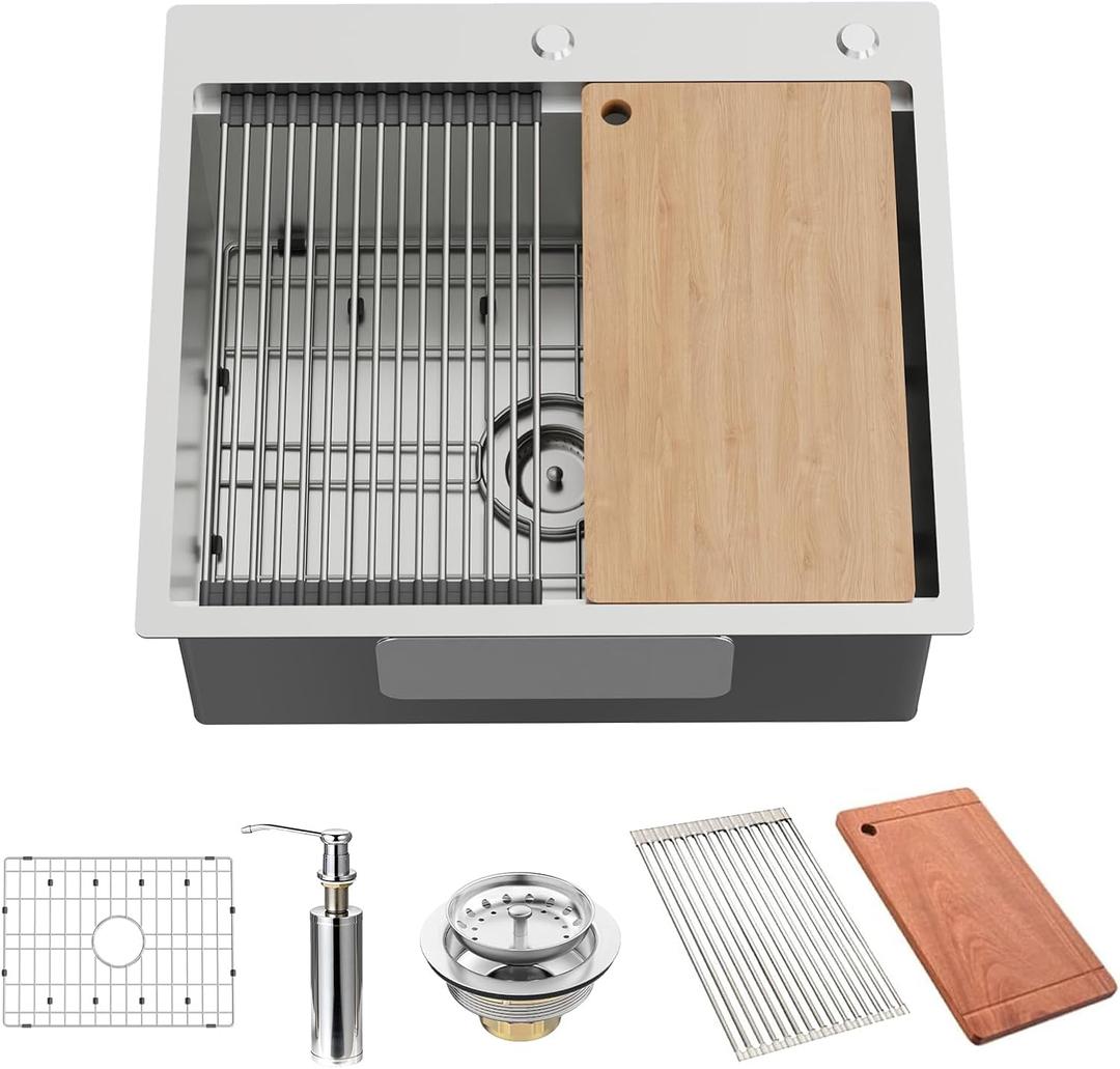 Kitchen Sink Workstation, 25x22 Inch Stainless Steel Drop In Kitchen Sink Modern Single Bowl Kitchen Sink Accessory Combo-SS Grid,Drying Rack,Cutting Board,Soap Dispenser, Drain Strainer Set