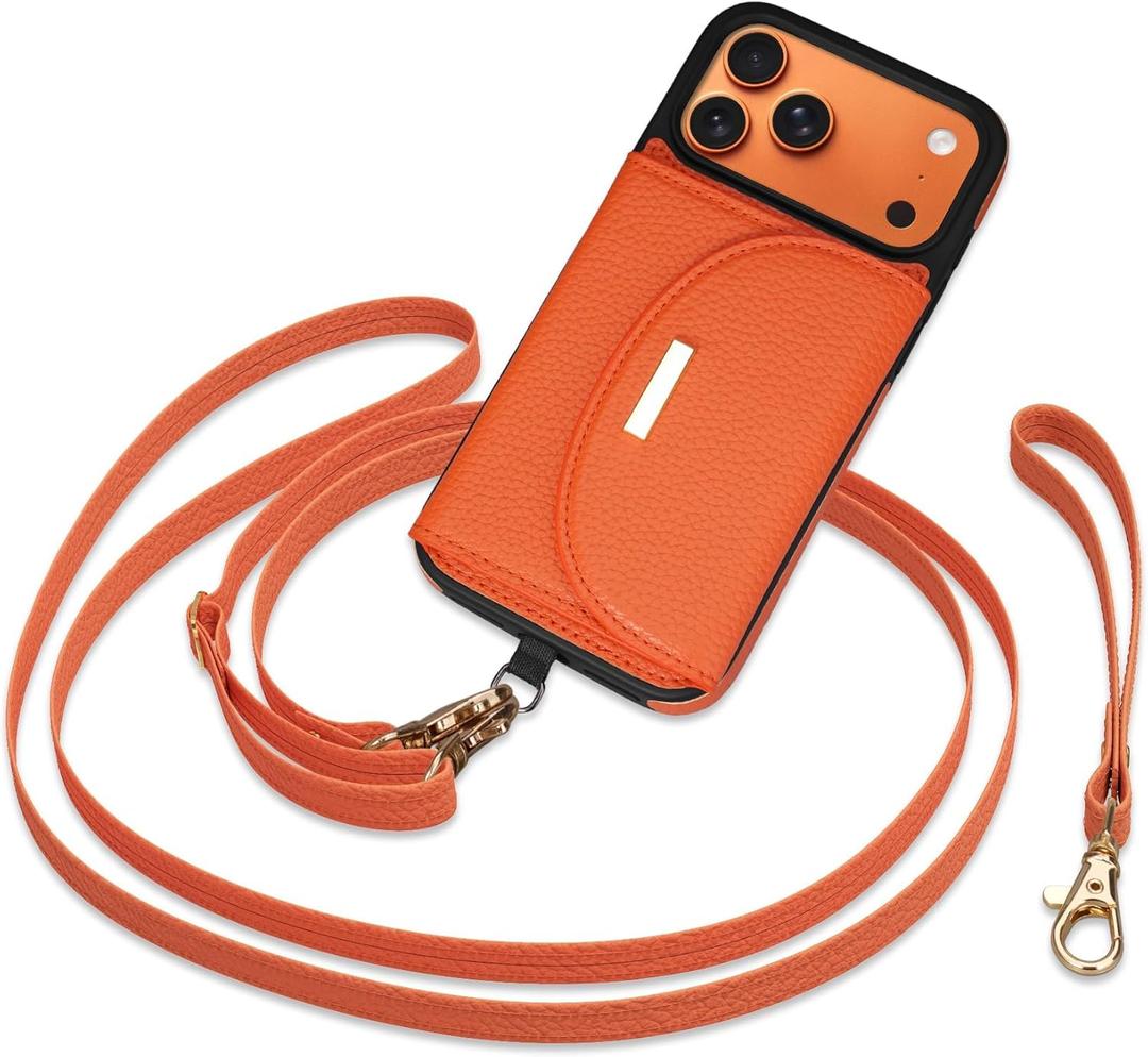Keallce Case for iPhone 17 Pro 6.3'' Crossbody Wallet Case, Lanyards & Wrist Straps with Phone Tabs, Flip Case with RFID Blocking 4 Card Holder Slots Kickstand, Protective Cover for Women, Orange