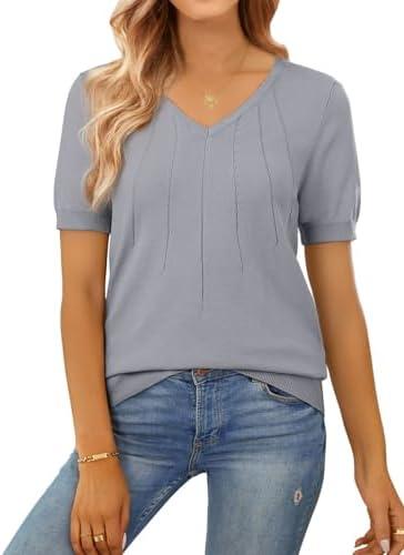 SHEWIN Women's Summer Short Sleeve Sweaters Crewneck Pleated Knit Tops Business Casual Work Shirts Blouses.XL