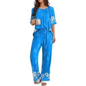 Ekouaer Pajamas for Women Set Short Sleeve Printe Lounge Sets Soft Pjs Round Neck Loungewear with Pockets  (Medium, Blue Floral)