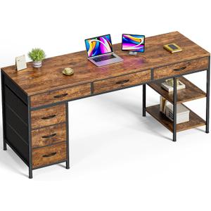 Huuger Computer Desk with 6 Drawers, Office Desk with Shelves, Reversible Gaming Desk, Large Corner Desk with Storage, Work for Home Office, Study, Living Room, 63inch, Rustic Brown