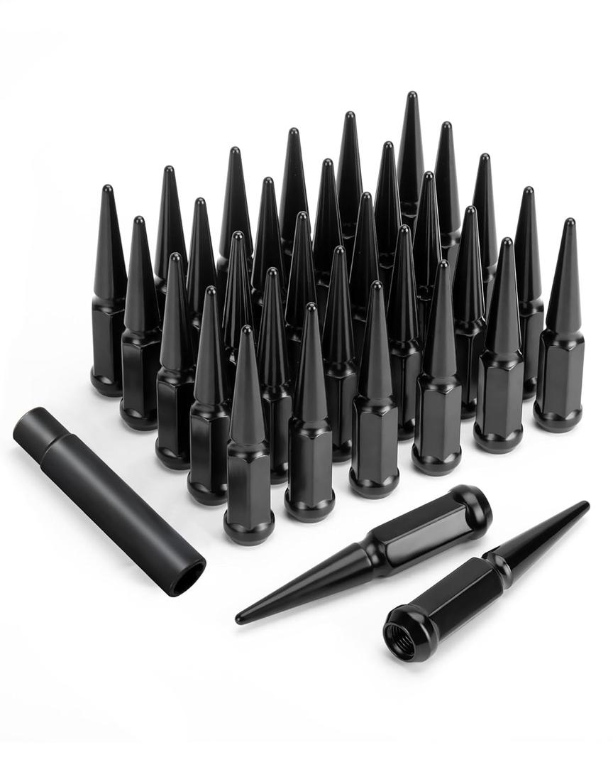 M14x1.5 Spike Lug Nuts, 32PCS 14mmx1.5 Spike Lug Nuts Wheel Accessories with 1 Socket Key, Compatible with F-ord F-250 F-350 G-MC Sierra 2500 Sierra 3500 Ram 2500 Ram 3500 (Black)
