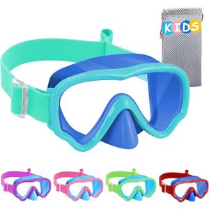 Vvinca Kids Swim Goggles with Nose Cover, Snorkel Diving Mask Fabric Strap Anti Fog Anti Shattered Lens Goggles for Kids 06-Blue Green
