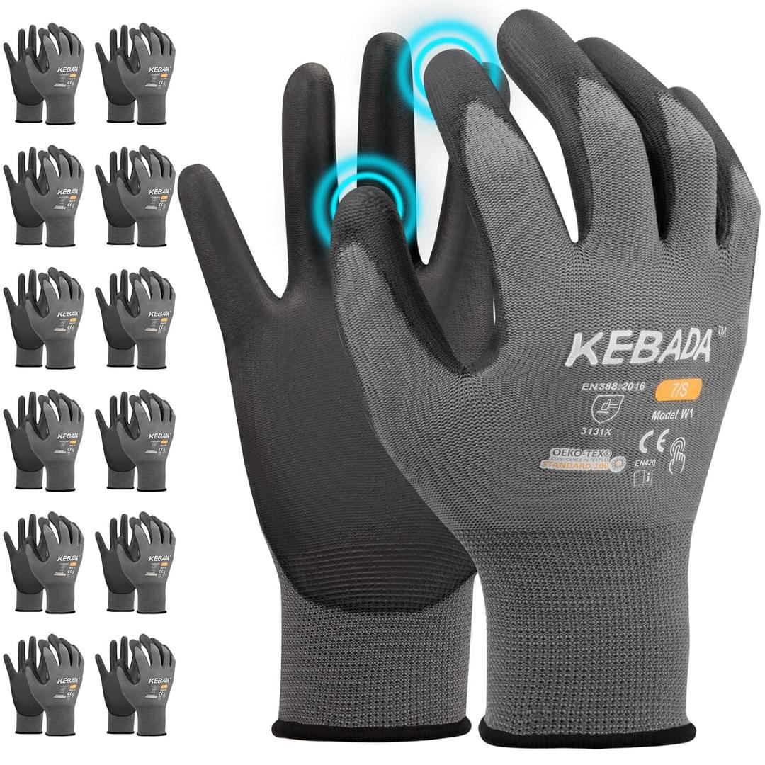 Kebada W1 Work Gloves for Men and Women, PU Coated Safety Gloves with Grip, Touchscreen, Ideal for Warehouse Package Handling, Construction, Gardening, 12 Pairs, Gray, Large 