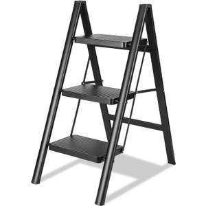 3 Step Ladder, Folding Step Stool for Adults with Wide Anti-Slip Pedal, Lightweight, Perfect for Kitchen& Household, Library Office,330lbs Capacity Sturdy Steel Ladder,Black