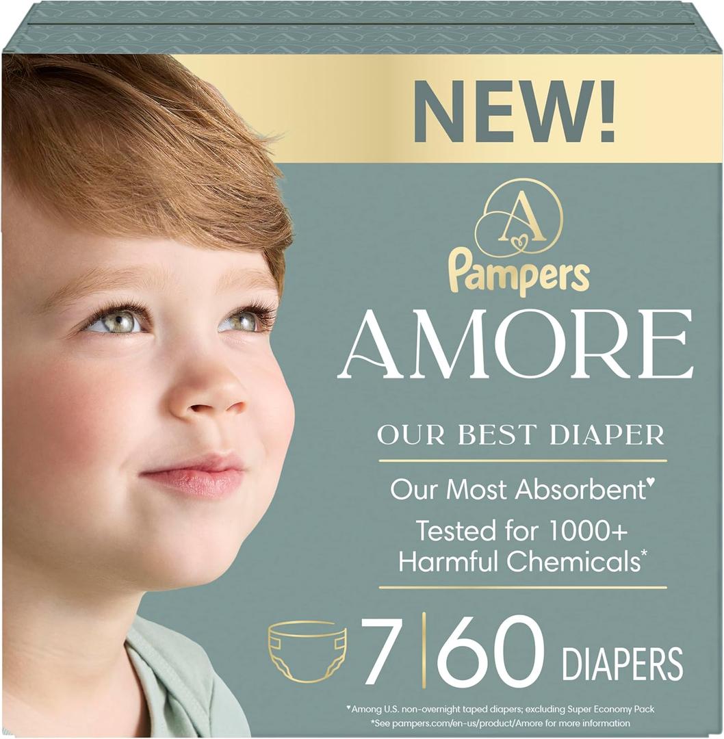 Pampers Amore, Size 7 (26-50 lbs), 60 Count, Our Best Diaper Hypoallergenic & Fragrance Free, Up to 100% Leakproof, Soft as Cashmere