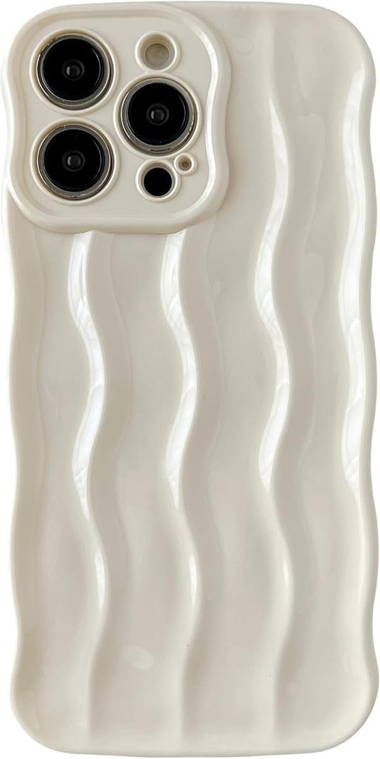 Caseative for iPhone 15 Pro Max Case,Water Ripple Pattern Curly Wave Frame Soft Phone Case (White) (White)