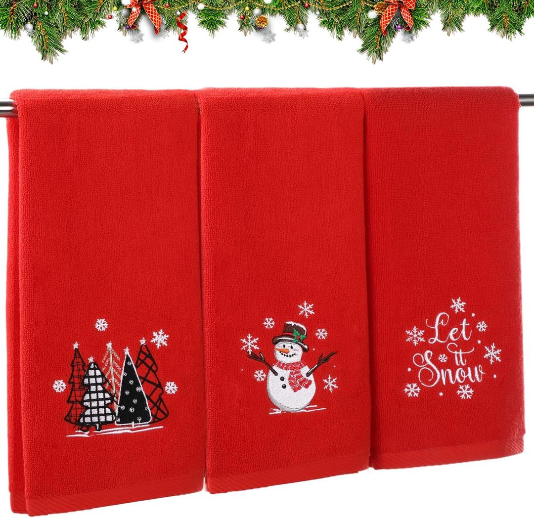 Tiamon 3 Pack Christmas Hand Towels for Bathroom Set Cotton Embroidered 13.7'' x 29.5'' Xmas Snowflake Dish Tea Fingertip Towel Cloths Decorative for Winter Holiday Kitchen Bath Gift (Red,Buffalo)