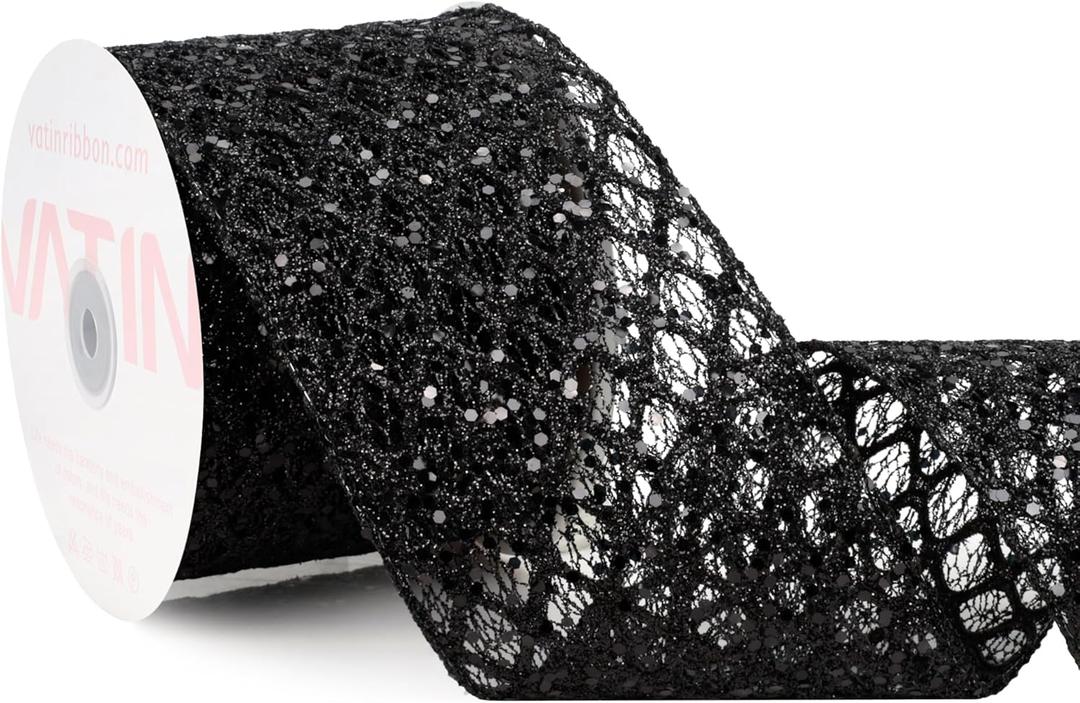 VATIN 4" Black Christmas Ribbon, Black Glitter Mesh Diamond Web Sequin Dots Wired Christmas Ribbon for Gift Wrapping Bow Making Wreath Supply-10 Yards