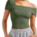 SUUKSESS Women One Off The Shoulder Summer Tank Tops Ruched Short Sleeve Shirts (Small, #1 Army Green)