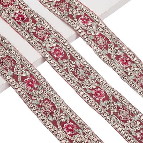 AHANDMAKER 10 Yards Indian Red Jacquard Ribbon Trim, 1.57 inch Wide Embroidery Sequins Ribbons Flower Pattern Woven Trim Ethnic Style Jacquard Ribbon Glitter Metallic Ribbon for DIY Sewing Home Decor