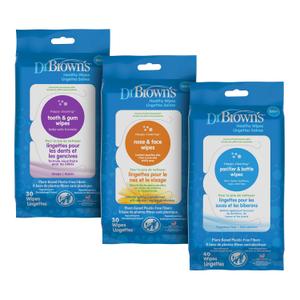 Dr. Brown's Healthy Wipes Variety Pack, Tooth and Gum, Nose and Face, Bottle and Pacifier, Cleaning Wipes, 100 count, 3-Pack Variety (Packaging May Vary)