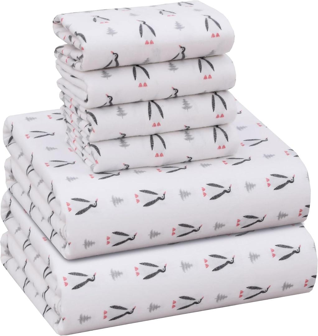RUVANTI Flannel Sheets Queen Size 6 Pcs - 100% Cotton Double Brushed Bed Sheets, Deep Pockets 16 Inches Queen Sheet Set, All Seasons Breathable, Extra Soft & Comfy, Penguin Sight