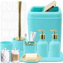 Teal Bathroom Accessories Set - 10 Piece Bathroom Accessory Set with Trash Can, Soap Dispenser, Soap Dish, Toothbrush Holder and Cup, Toilet Brush, Qtip Holder, Bathroom Decor Sets Complete