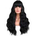 BERON 26 Inches Black Wig Long Curly Black Wig with Bangs for Women Daily Party Hairnet Include