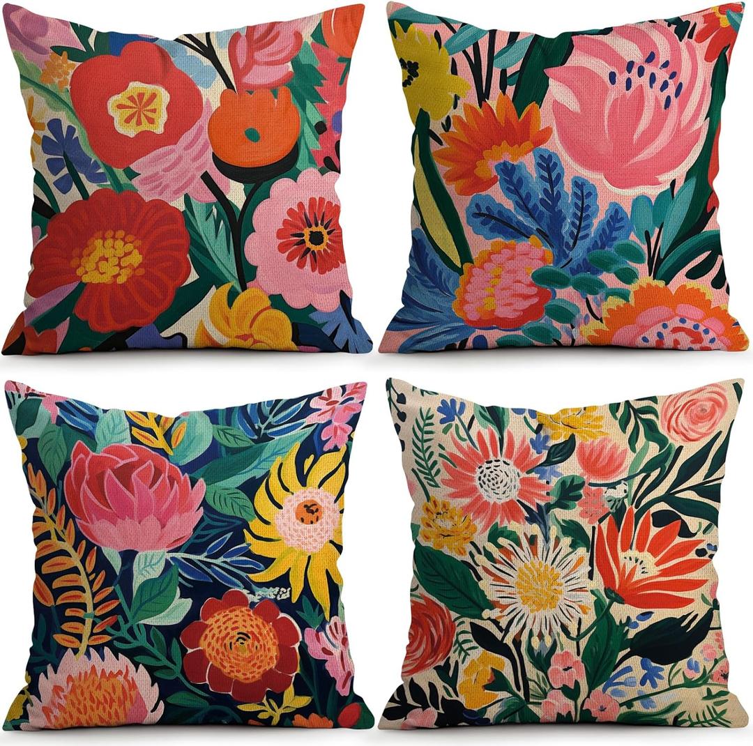 OBSEDE Floral Decorative Throw Pillow Covers 18x18 Set of 4, Double-Sided Print Soft Pillow Cases for Couch Sofa Bed Living Room Decor (Warm Botanical Chromatic Art)