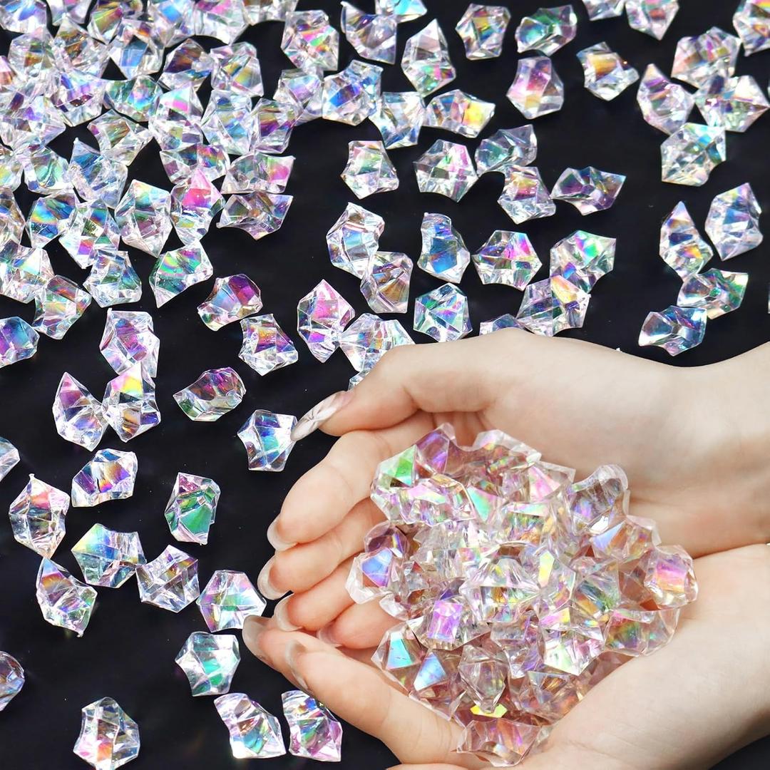 Ceya Clear Holographic Fake Ice Rocks，220PCS Dazzling Vase Fillers Acrylic Fake Diamond Crystals Water Beads Marbles 13OZ Glass Gems for Centerpieces Table Decoration Party Christmas Wedding Birthday
