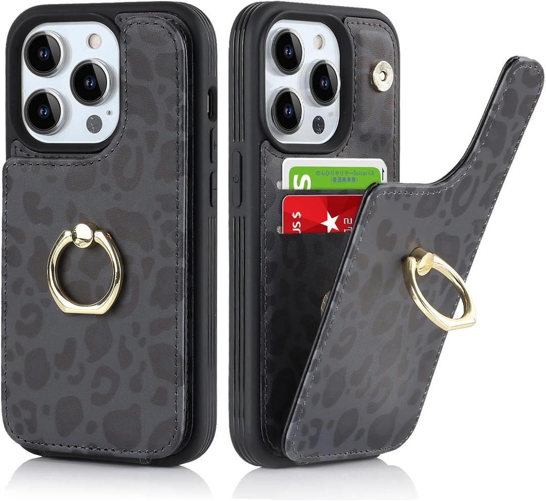 for iPhone 15 Pro Max Case with Card Holder,Credit Card Holder,Ring Stand Kickstand,Shockproof Cute Phone Wallet Case for Women(6.7 inch,Black Leopard)