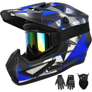 Youth Kids Motocross Helmet, Adult ATV Dirt Bike Helmet with Goggles Gloves & Mask Quick, Full Face Motorcycle Helmet with Quick Release Buckle DOT Certified (Small, 02 Dark Blue)