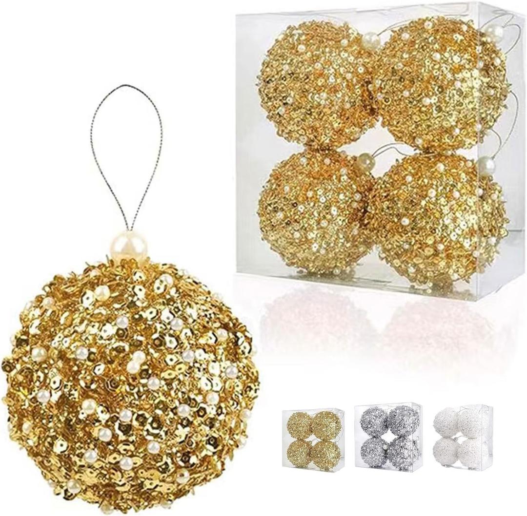 4.2" Gold Christmas Ball Ornaments, 4pc Set Gold Shatterproof Decorations, Plastic Materials, Large Ornaments for Christmas Tree, Hanging Xmas Wedding Party Holiday Decorations