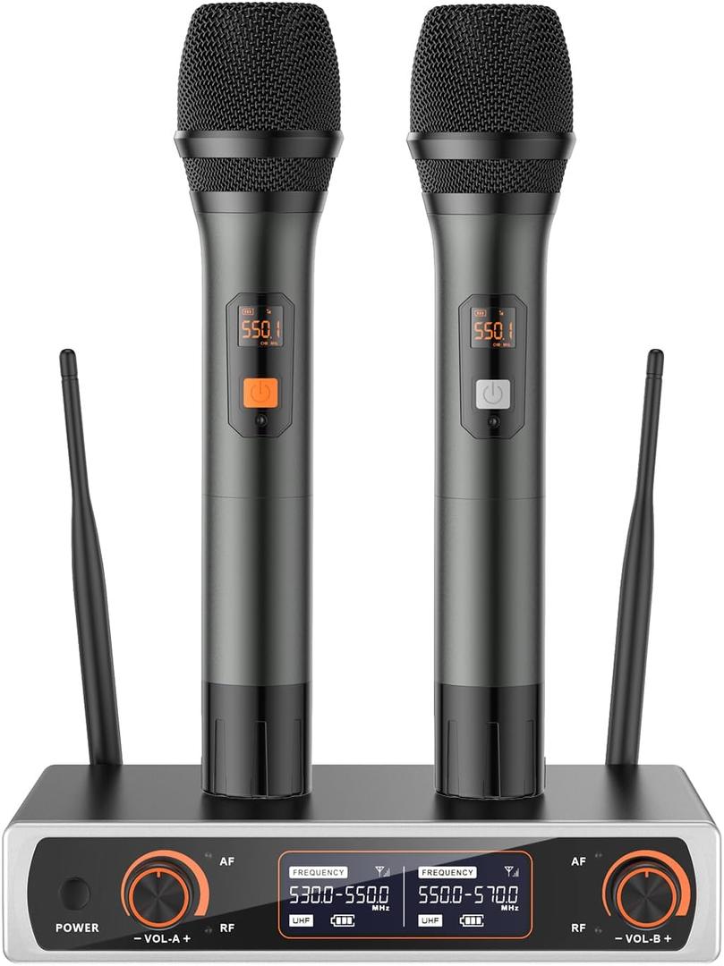 Wireless Microphones, Metal Dual UHF Cordless Handheld Microphone System, Suitable for Family Karaoke, Speaker, Party, Conferences, Wedding, Church, 260 ft (T-023).