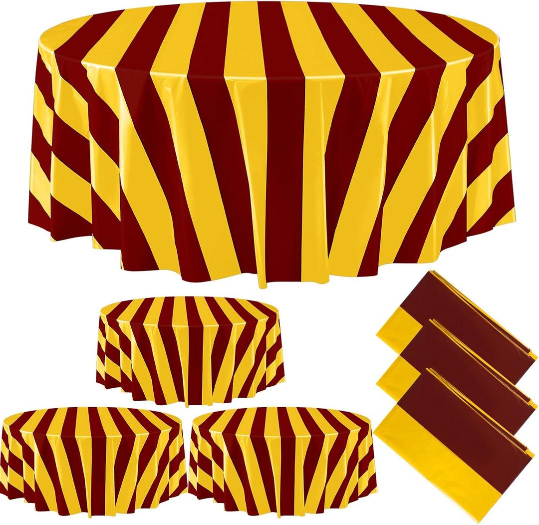 Tatuo 6 Pcs Red and Yellow Round Circus Table Cloth 84 Inch Carnival Circus Tablecloths Striped Disposable Plastic Table Cover for Birthday Party Fiesta Theme Decorations Supplies
