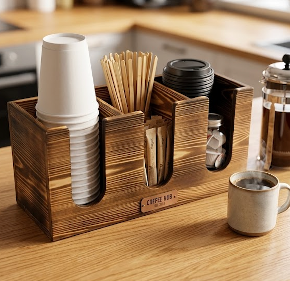 Wooden Storage Holder for Kitchen Counter - Large Organizer with 3 Compartment, Cooking Tool Crock & Farmhouse Kitchen Accessories