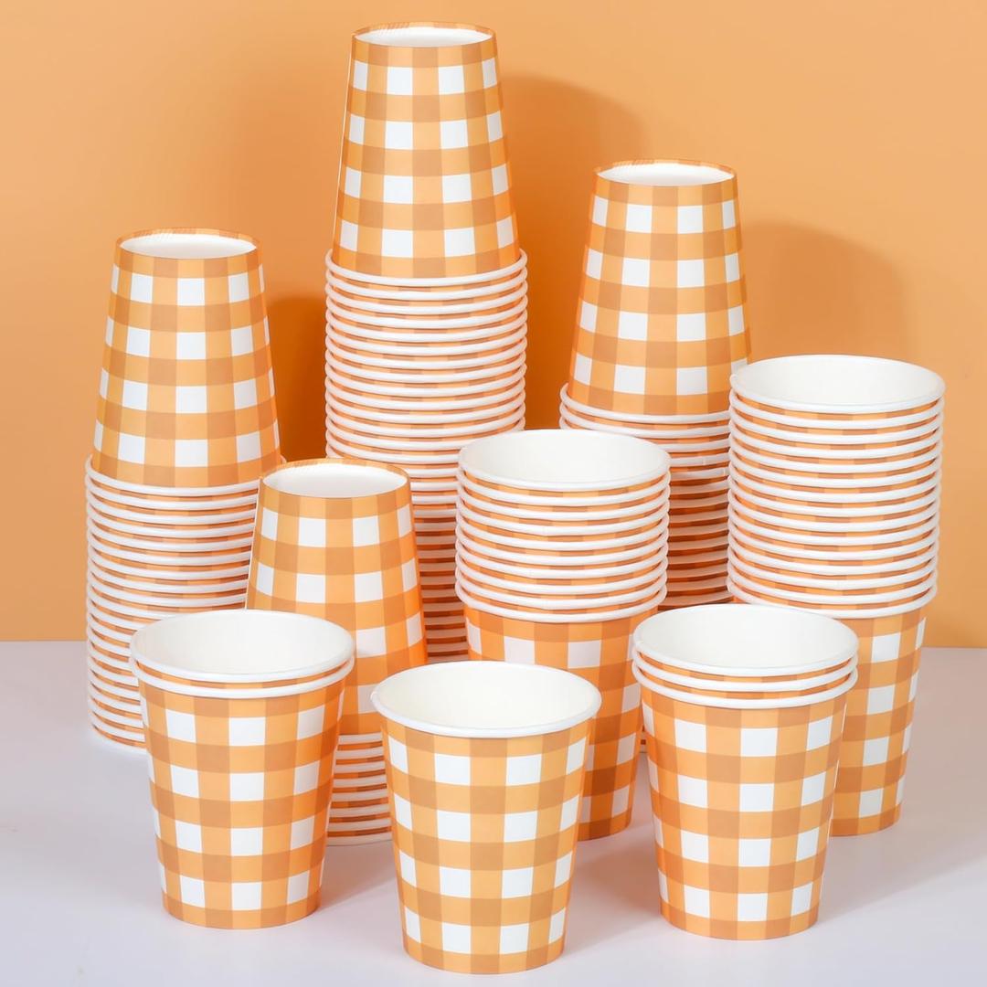 120pcs 9oz Fall Plaid Paper Drinking Cups, Orange Disposable Thanksgiving Gingham Paper Cups Checkered Cups for Harvest Thanksgiving Party
