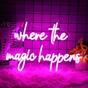 Neonawall Where The Magic Happens Neon Sign Led Pink Light Up Signs for Wall Decor Usb Powered Letter Neon Light Signs for Bedroom Wedding Decor Birthday Party Shop Man Cave 16 x 11''(Pink)