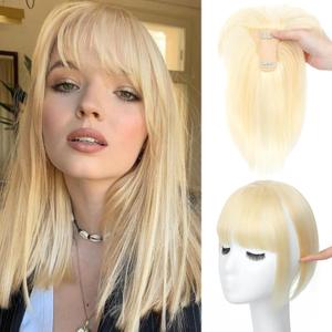 Hair Toppers for Women with Bangs 100% Human Hair 3603D Cover Fake Bangs Hair Topper with Thinning Newly Upgraded Realistic Scalp with Hairpieces for Daily Wearr(Light Blonde) (Bangs-9 Inch)