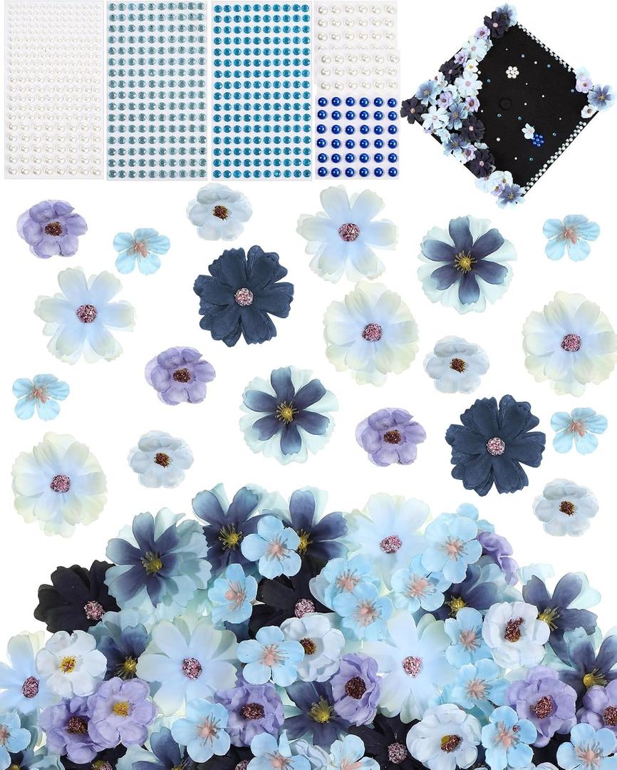 Giegxin DIY Graduation Cap Decorations Kit - 160 Mini Faux Flower Heads & 6 Pearl Rhinestone Stickers, Artificial Fabric Flowers for DIY Grad Hat Topper, Wedding Garland & Crafts(Blue Series)