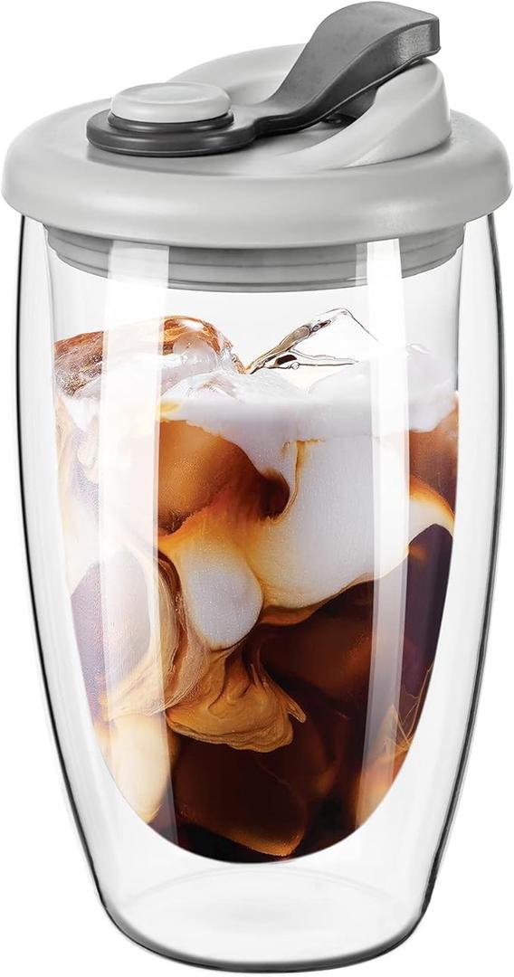 Double Wall Glass Coffee Mug, Glass Coffee Cup with Silicone Lid 15 OZ, Insulated Coffee Mug for Milk, High Borosilicate Glass Double Walled Cup for Travel & Home(Grey)