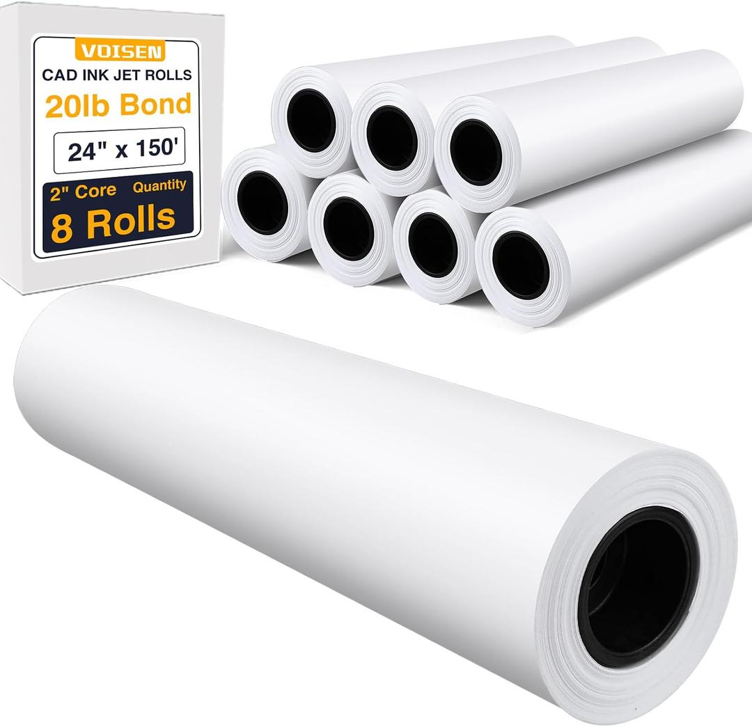 VOISEN Wide Format Paper,8 Rolls Plotter Paper 24 In x 150 Ft, CAD Bond Rolls,20lb,Bond Paper on 2" Core for CAD Printing on Wide Format Ink Jet Printers