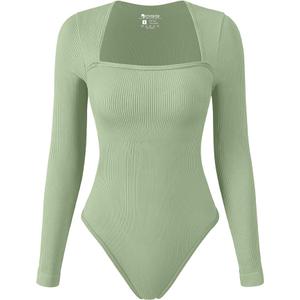 OQQ Women's Bodysuits Sexy Ribbed One Piece Square Neck Long Sleeve Tops Sauerkraut XL 1 Pack, Pea Green