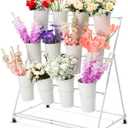 Ninehaoou Flower Display Stand with Buckets 3 Layers, White, 1 Set | Metal Flower Display Cart Stand Holder 43 Inch Tall Moving Florist Bouquet Shelf for Plant Bar Shop Patio Garden Outdoor