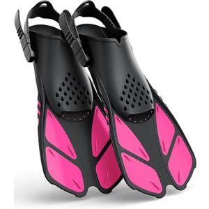 Greatever Snorkel Fins Adjustable Buckles Open Heel Swim Flippers Travel Size Short Swim Fins for Snorkeling Diving Swimming Adult Men Womens (Pink)