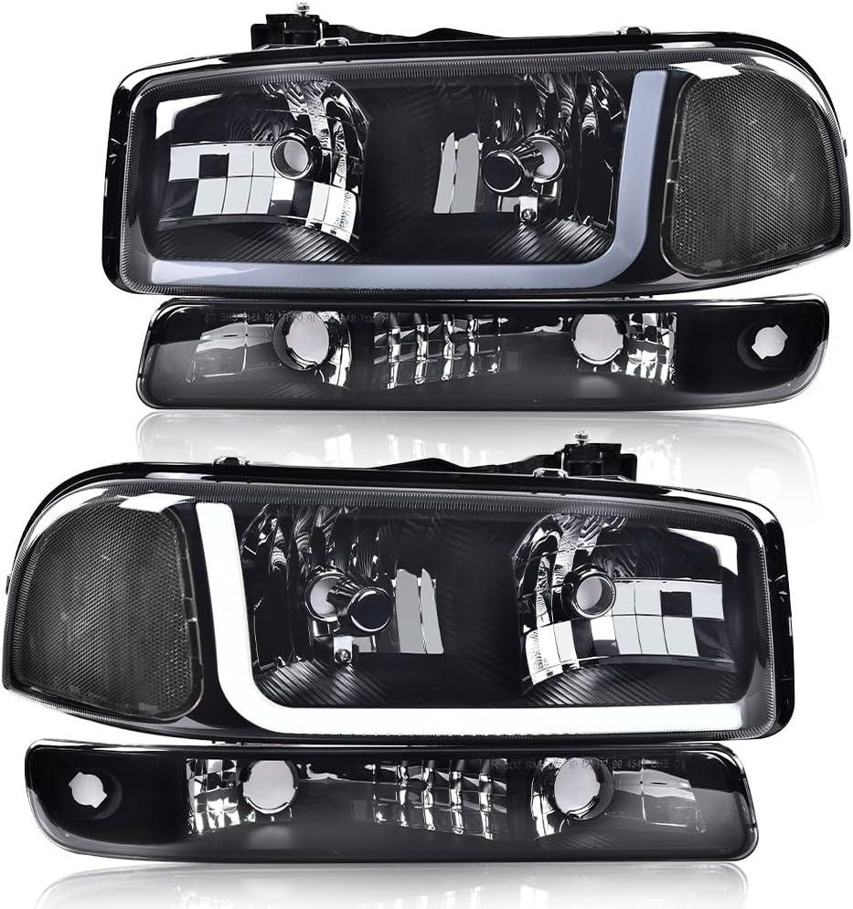 G-PLUS LED DRL Headlights Assembly, Compatible with 1999-2007 GMC Sierra 1500/2001-2007 GMC Sierra 1500 HD Bumper Headlamps, Smoky Lens Black Housing Clear Reflector,faros delanteros