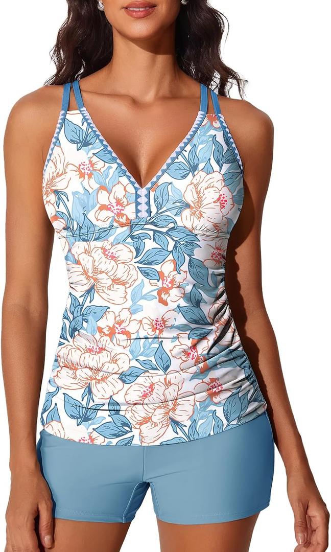 Summer Mae V-Neck Women Tankini Swimsuits Two-Piece with Side Pockets Swim Shorts 2025 Tie-Back Straps Bathing Suits (6-8, Blossom Garden)