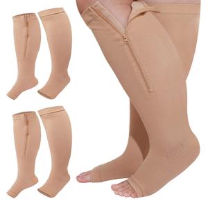 Hillban 2 Pair Plus Size Calf Zipper Compression Socks 15 to 20 Mmhg Open Toe Compression Stockings for Overweight Women Men, XL